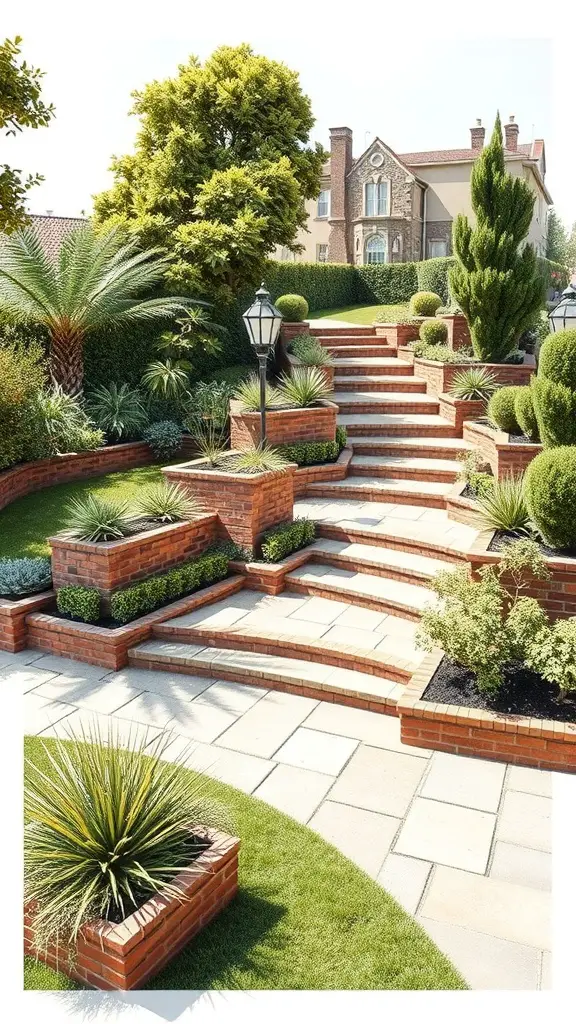 19+ Inspiring Terraced Landscaping Ideas for Your Outdoor Space 7 A beautifully designed terraced landscape with steps, plants, and a home in the background.