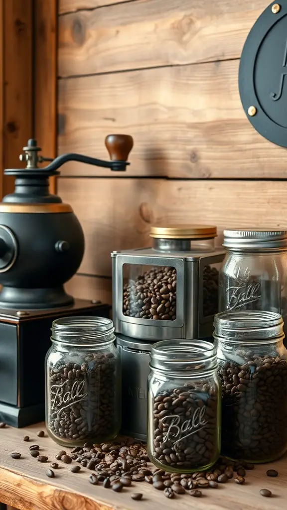 27 Creative Coffee Station Ideas You’ll Love 8 A rustic wooden coffee bar with a coffee grinder and jars of coffee beans.