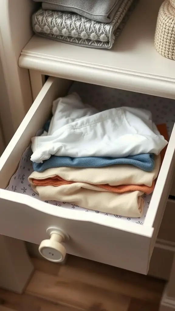 25 Creative Ideas for Dresser Organization with 15 Must-Have Items 9 A neatly organized drawer with folded clothes and a decorative liner.