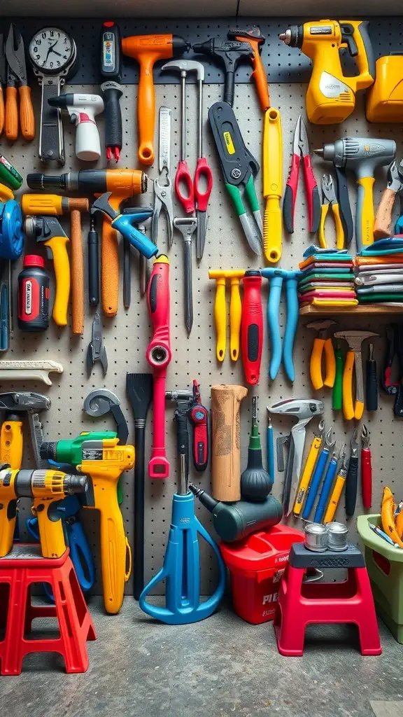 A colorful tool wall with various tools organized by color on a pegboard.