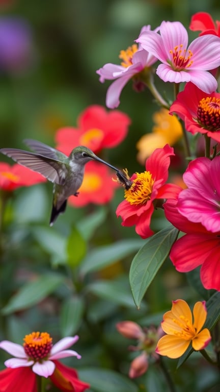 19+ Essential Tips for Creating a Bird-Friendly Garden 11 A hummingbird feeding on vibrant flowers in a garden.