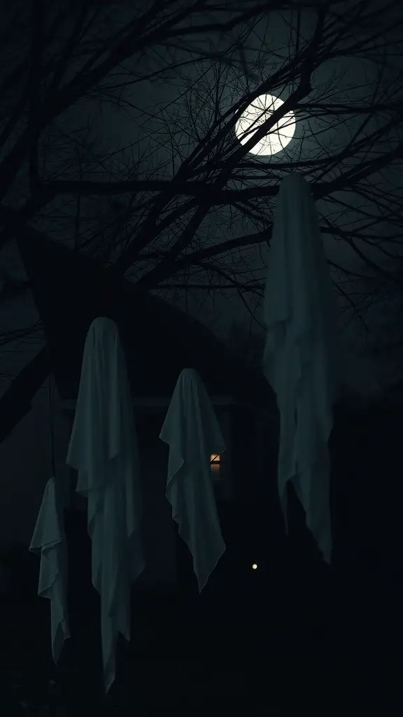 27+ Creative DIY Halloween Decorations You Can Make at Home 7 Creepy ghosts made from cheesecloth hanging from a tree under a full moon.