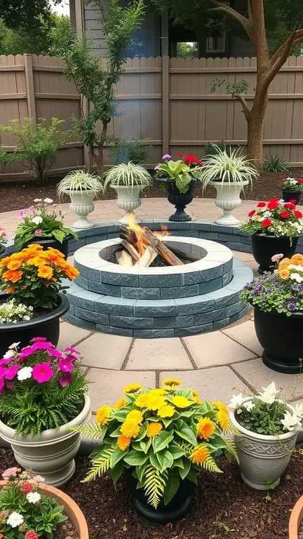 21+ Stunning Firepit Backyard Landscaping Ideas You’ll Love 15 A cozy firepit surrounded by colorful flower planters in a backyard setting.