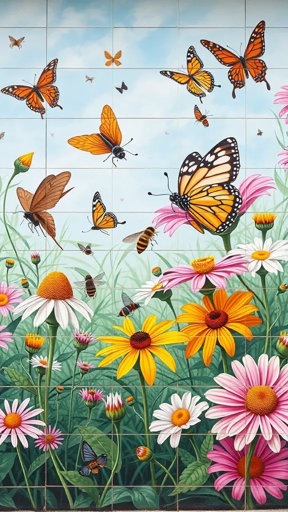 23+ Stunning Garden Mural Ideas to Transform Your Outdoor Space 4 A colorful mural depicting butterflies and bees among flowers in a garden.