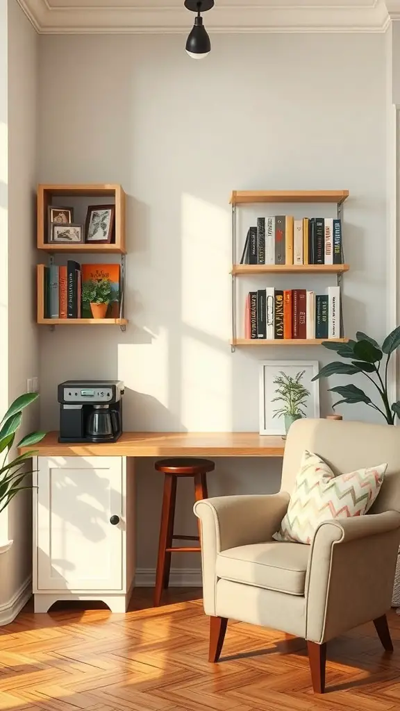 27+ Charming Small Coffee Bar Ideas to Transform Your Space 12 Cozy coffee and book nook with wooden shelves, a coffee maker, and a comfortable chair