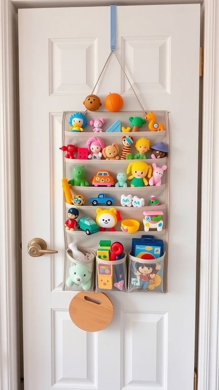 23+ Creative Toy Storage Ideas for a Clutter-Free Home 9 A colorful hanging toy organizer on a door, displaying various toys in neat rows.