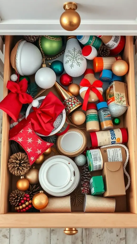 19+ Genius Junk Drawer Organization Ideas You Need to Try 13 A cluttered junk drawer filled with holiday decorations and supplies.