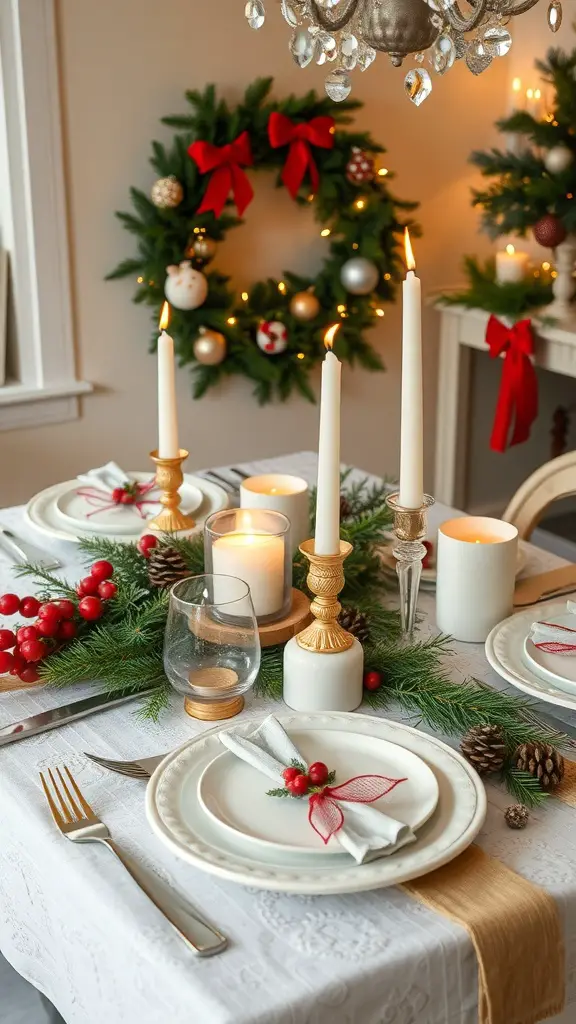 25+ Festive Christmas Craft Ideas to Get You in the Holiday Spirit 11 A festive holiday table setting with candles, greenery, and decorative elements.