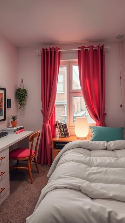 17 Stylish Small Dorm Room Ideas for Limited Spaces 16 A cozy small dorm room with pink walls, red curtains, and a bright pink chair, featuring a desk and warm lighting.