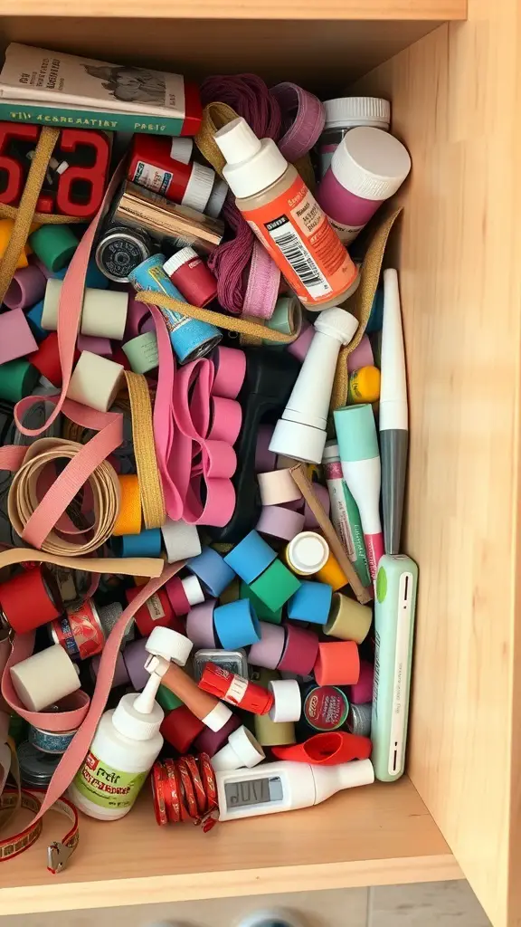 19+ Genius Junk Drawer Organization Ideas You Need to Try 15 A cluttered junk drawer filled with various craft supplies like glue, ribbons, and colorful rolls.