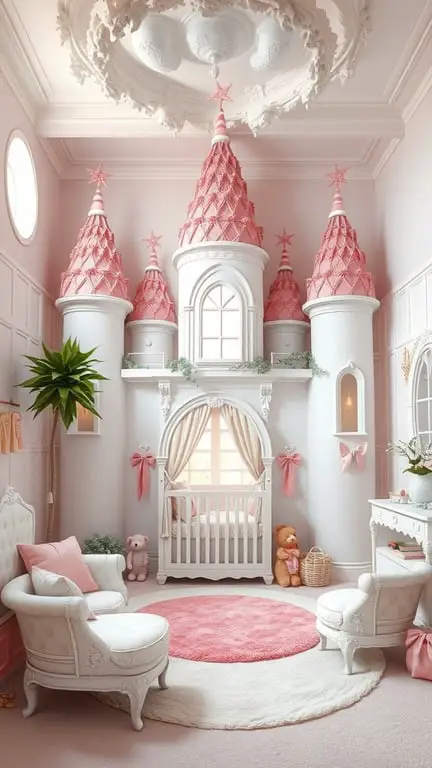 27+ Adorable Baby Nursery Ideas for Boys 13 A fantasy castle nursery featuring pink towers, a crib, and cozy seating.