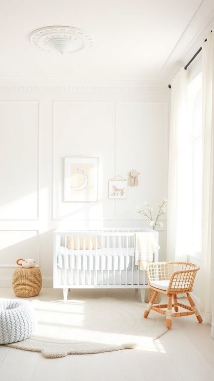 A bright nursery featuring a white crib, soft textures, and natural light.