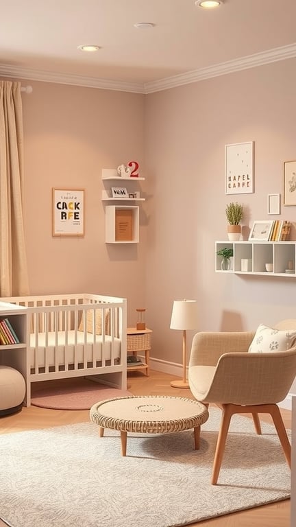 27+ Adorable Gender Neutral Baby Nursery Ideas You’ll Love 17 A cozy gender-neutral baby nursery featuring a crib, soft lighting, and rounded furniture.