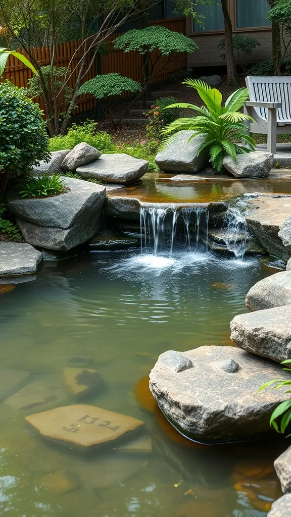 19+ Beautiful Small Garden Waterfalls to Transform Your Outdoor Space 19 A serene meditation garden waterfall with smooth stones and lush greenery.