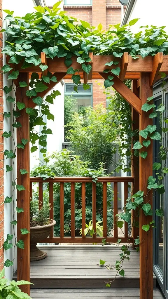 21+ Creative Balcony Privacy Ideas You’ll Love 5 A wooden trellis with climbing vines creating a natural privacy barrier on a balcony.