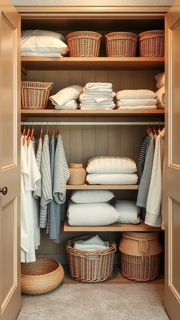 A cozy linen closet filled with neatly arranged linens and woven baskets.