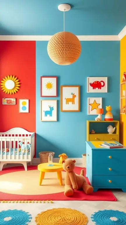 A colorful nursery featuring blue, red, and yellow walls, with playful decor and a cozy atmosphere.