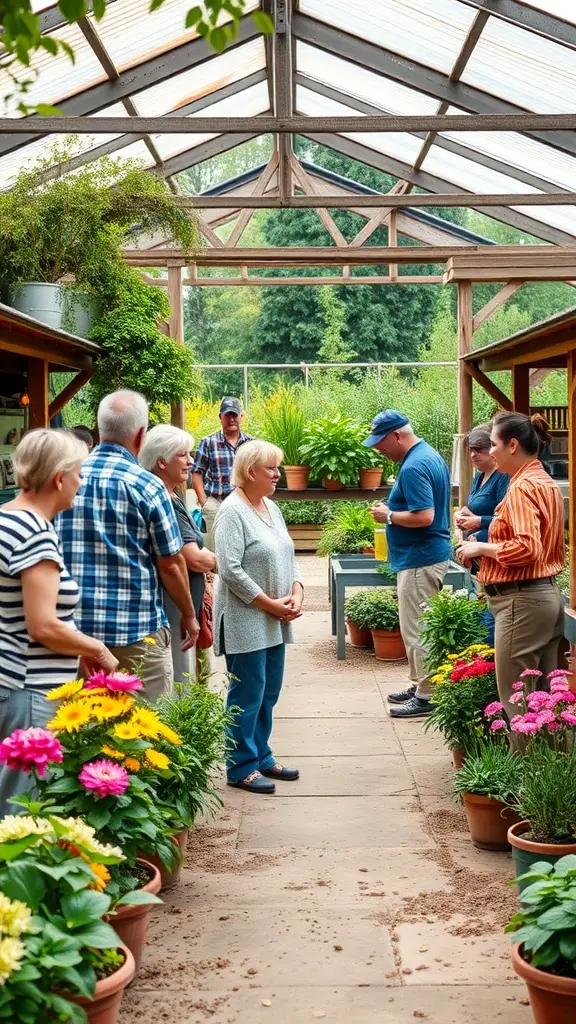 Group of people interacting in a vibrant garden nursery filled with flowers and plants.