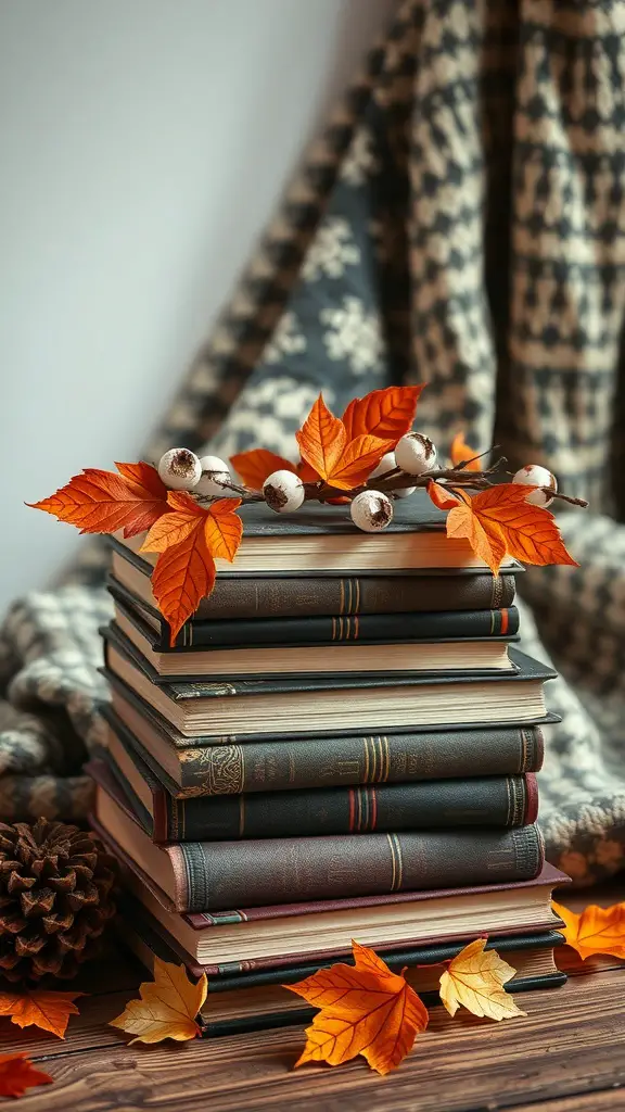 23 Vintage Fall Decor Ideas to Warm Your Home 13 A stack of antique books with autumn leaves and a cozy blanket in the background.