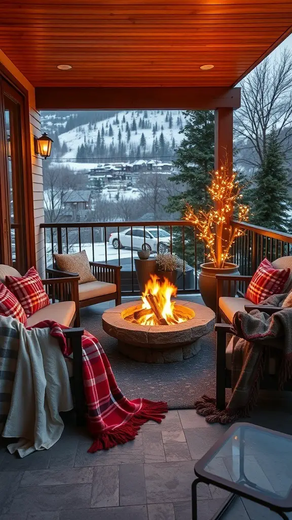 A cozy balcony with a fire pit, comfortable seating, and warm blankets, set against a snowy backdrop.