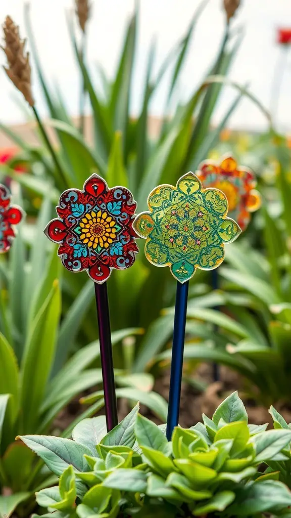Two colorful glass garden stakes with floral designs in a garden setting.