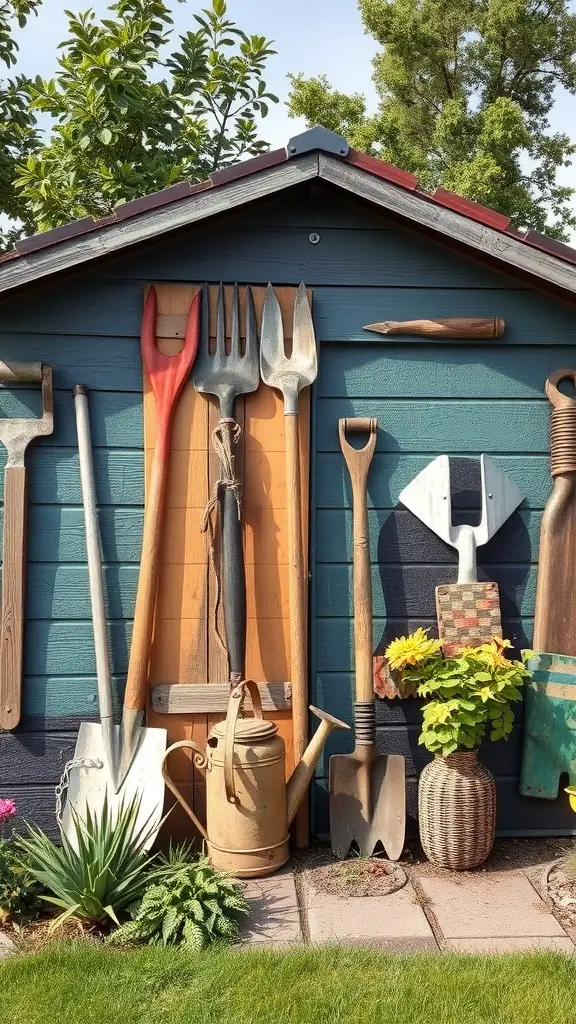 A collection of vintage garden tools displayed on a garden shed.