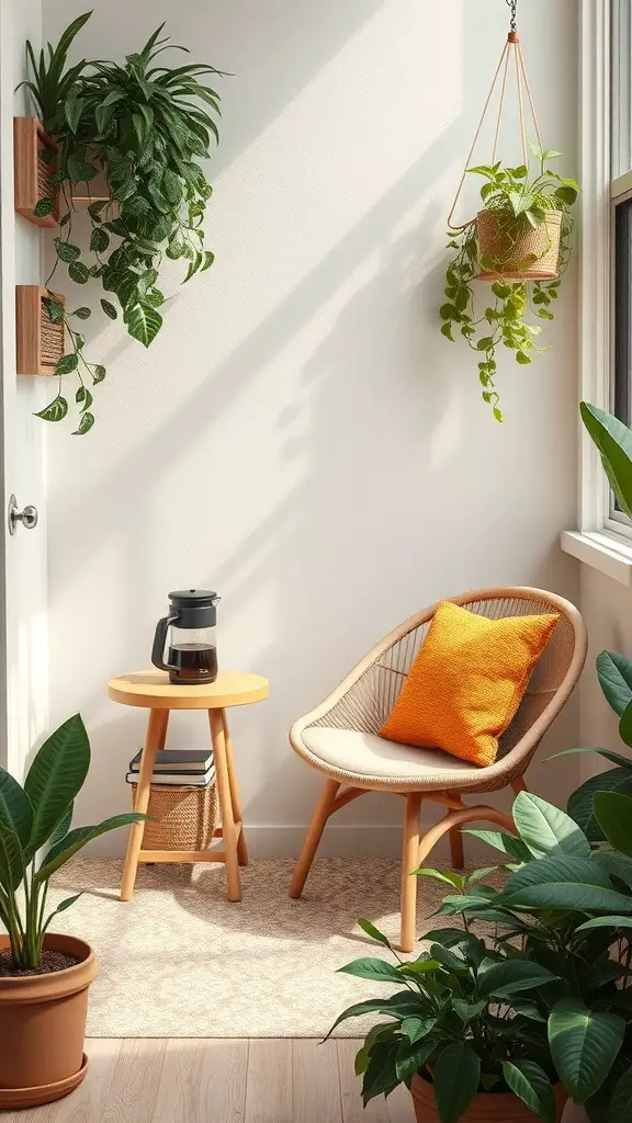 27+ Charming Small Coffee Bar Ideas to Transform Your Space 8 A cozy coffee nook with a chair, table, coffee maker, and plants