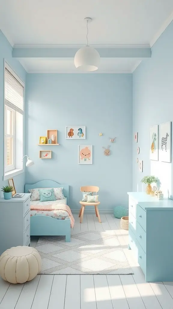 A light blue bedroom featuring whimsical pastel accents, including a cute bed, playful decor, and cheerful artwork.
