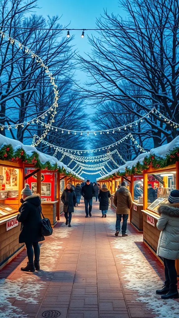 21+ Fun Winter Birthday Party Ideas for All Ages 17 A winter festival scene with stalls, lights, and people enjoying the atmosphere.