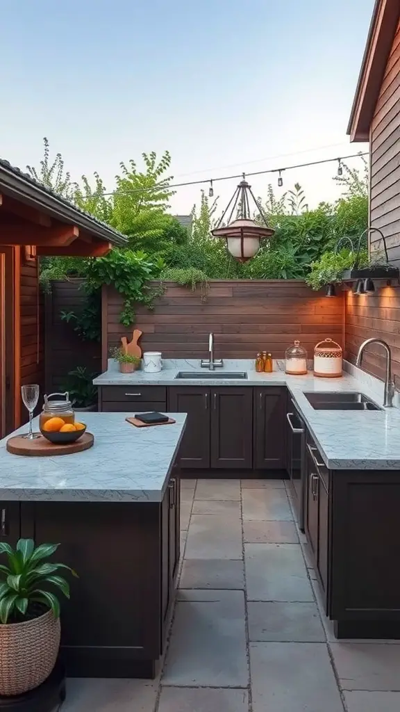 23+ Inspiring Backyard Kitchen Ideas to Elevate Your Outdoor Cooking Experience 15 A stylish backyard kitchen with customizable counter space, featuring dark cabinetry and marble countertops.