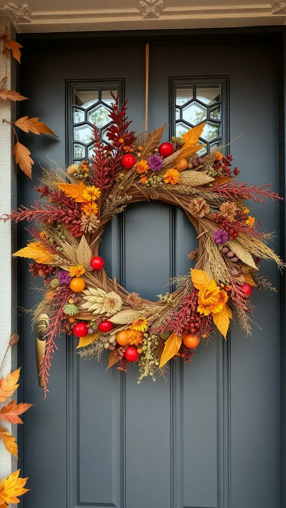 15 Stunning Fall Thanksgiving Decor Ideas You'll Love 10 A colorful harvest wreath with dried flowers, leaves, and decorative pumpkins on a front door.