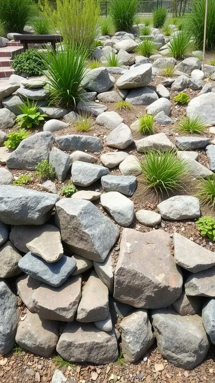 19+ Stunning Tiered Garden Ideas to Elevate Your Outdoor Space 4 A tiered rock garden featuring various sizes of stones and green plants.