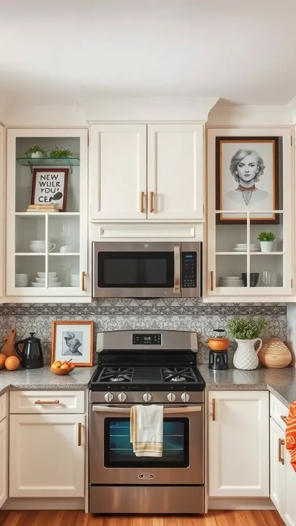 27+Creative Ideas for Decorating Space Above Kitchen Cabinets 5 A stylish kitchen with framed artwork above the cabinets, featuring a mix of graphic and portrait art.