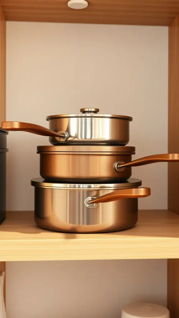 23+ Genius Ways to Organize Your Pots and Pans Storage 12 Stackable pots and pans neatly arranged on a wooden shelf