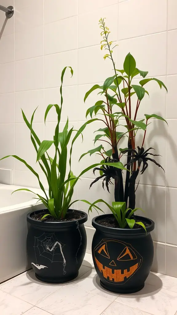 27+ Spooktacular Halloween Bathroom Decor Ideas 17 Two Halloween-themed plant pots in a bathroom, one with a spider web design and the other with a jack-o'-lantern face.