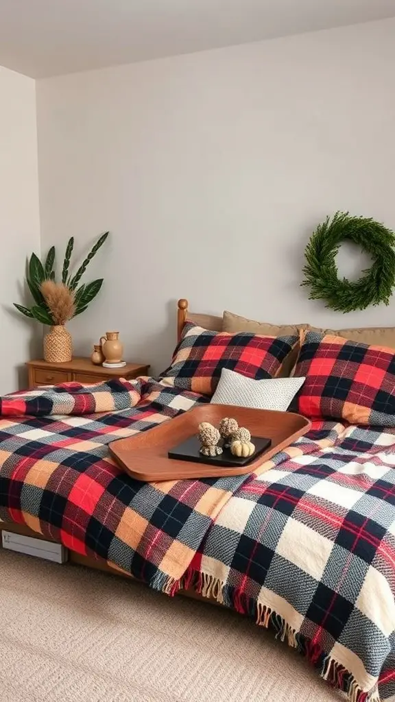 33+ Cozy Fall Bedroom Decor Ideas to Transform Your Space 17 A cozy bedroom featuring a plaid blanket in red, blue, and cream colors, with decorative pillows and a wooden tray.