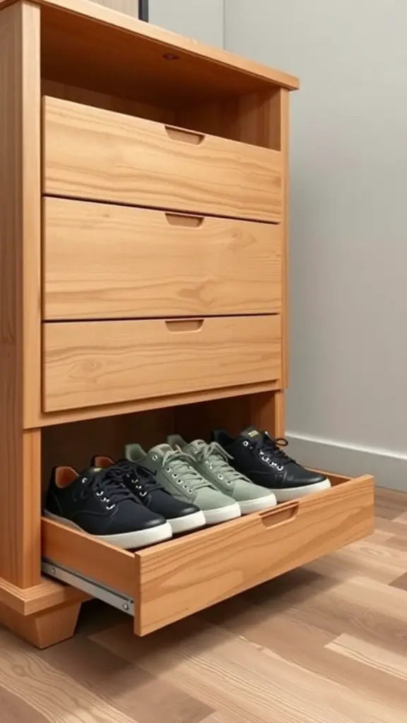 25 Creative Ideas for Dresser Organization with 15 Must-Have Items 10 A wooden dresser with a drawer open, displaying neatly organized shoes.