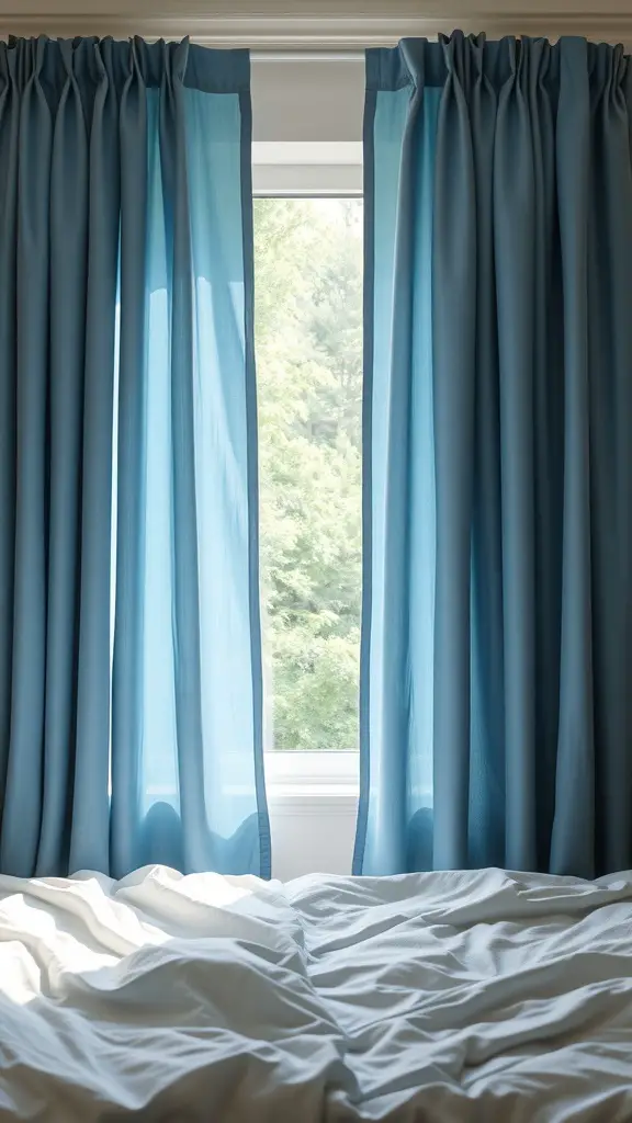 23+ Stunning Dusty Blue Bedroom Ideas to Transform Your Space 5 Dusty blue curtains framing a window in a bedroom with white bedding