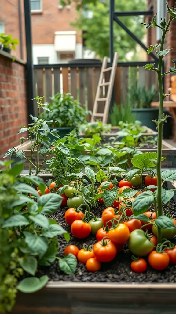 23+ Creative Small City Backyard Ideas for Your Outdoor Space 10 A small city backyard featuring a miniature vegetable patch with tomatoes and green plants.
