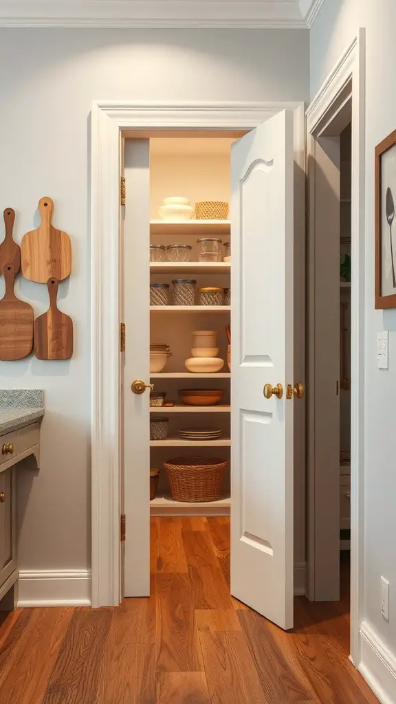 25+ Creative Pantry Door Ideas to Maximize Space and Style 11 A hidden door leading to a well-organized pantry with wooden shelves and a warm wooden floor.