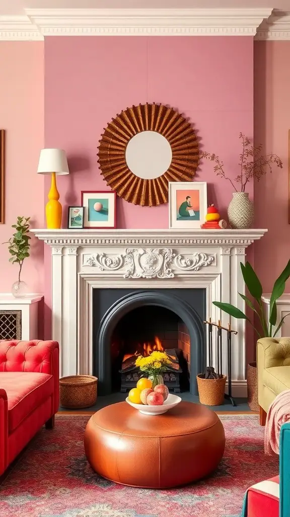 25+ Cozy Living Room Fireplace Ideas for a Warm Atmosphere 16 A colorful living room featuring a fireplace with a pink wall, vibrant furniture, and decorative accents.