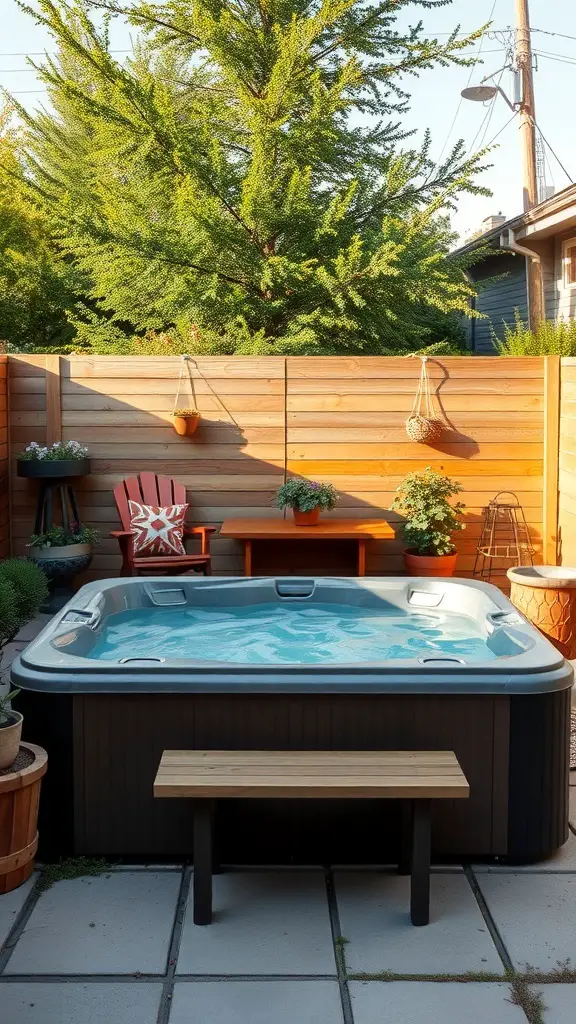 A cozy backyard hot tub setup with seating and plants.