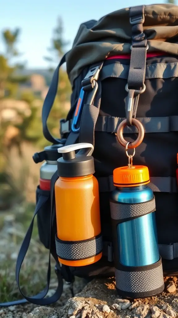 A backpack with two water bottles attached using carabiners.