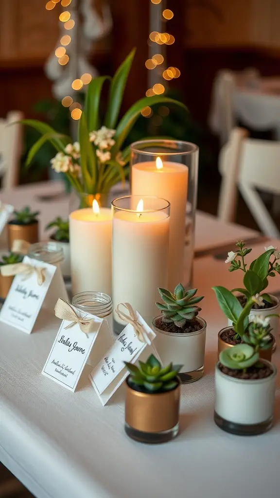 21+ Backyard Engagement Party Ideas for an Unforgettable Celebration 17 A beautifully arranged table with candles and potted plants, showcasing unique guest favors for an engagement party.