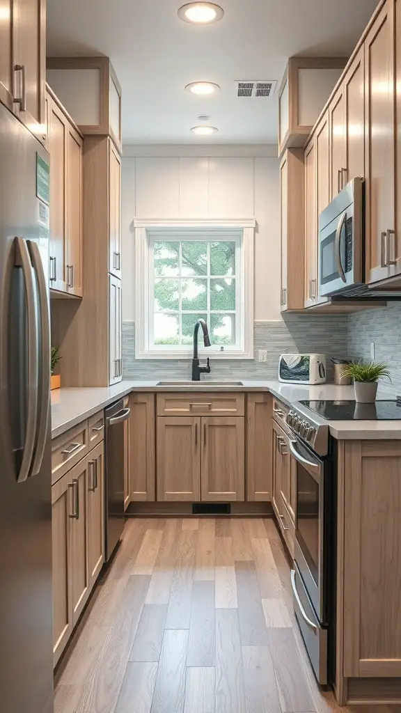 A functional kitchen in a mobile home featuring light wood cabinetry, modern appliances, and a bright window.