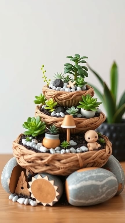 19+ Stunning Tiered Garden Ideas to Elevate Your Outdoor Space 12 A miniature tiered garden with woven baskets filled with succulents, pebbles, and cute decorations.