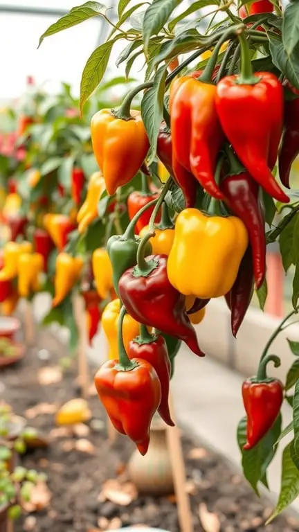 19+ Must-Grow Fall Garden Vegetables for a Bountiful Harvest 5 A variety of colorful sweet and savory peppers hanging on plants in a garden.