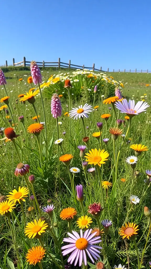 21+ Cottagecore Garden Essentials for a Whimsical Outdoor Retreat 10 A vibrant wildflower meadow with various colorful flowers and a wooden fence in the background.