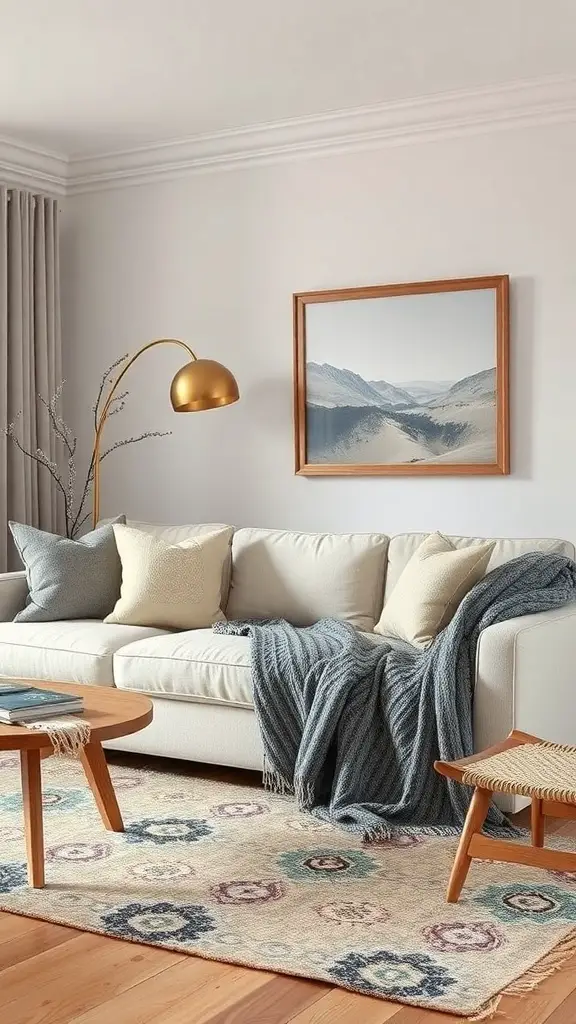 27+ Stunning Pottery Barn Living Room Ideas You’ll Love 13 Cozy living room with a cream sofa, blue throw blanket, floral area rug, and gold arc lamp.