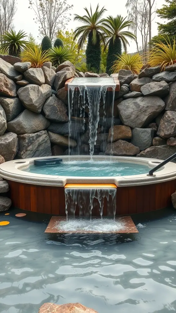 A hot tub with a waterfall feature surrounded by rocks and plants.